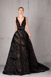 JEAN FARES COUTURE EMBELLISHED PLUNGING NECK GOWN