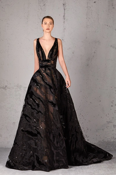 Jean Fares Couture Embellished Plunging Neck Gown