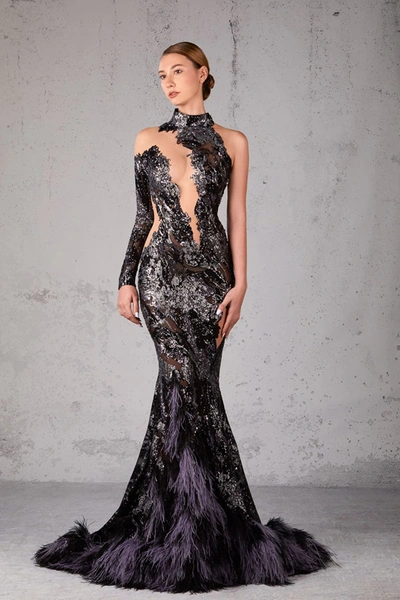 Jean Fares Couture Feathered Embellished Mermaid Gown