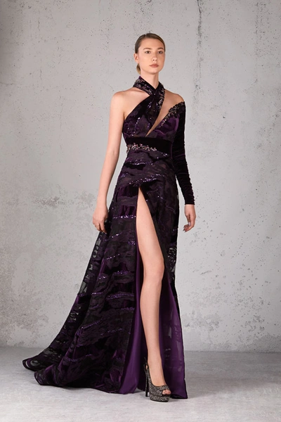 Jean Fares Couture High Neck Embellished Slit Gown