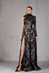 JEAN FARES COUTURE HIGH NECK FEATHER EMBELLISHED SLIT GOWN