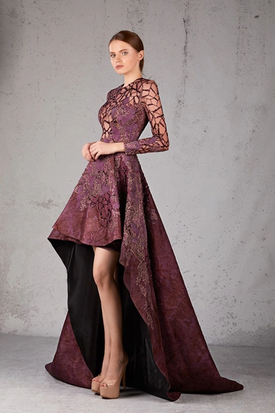 Jean Fares Couture Long Sleeve Embellished High-low Gown