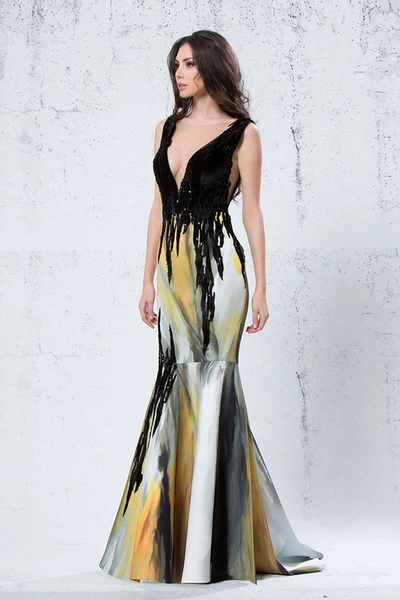 Jean Fares Couture Plunging Neck Fit And Flare Gown