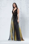 JEAN FARES COUTURE SLEEVELESS PLEATED EMBELLISHED GOWN