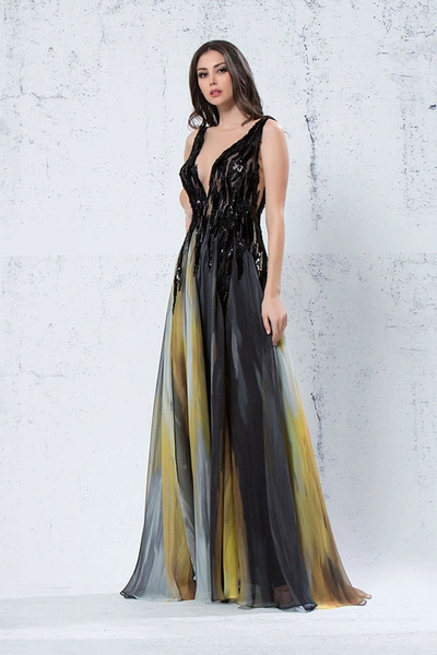 Jean Fares Couture Sleeveless Pleated Embellished Gown