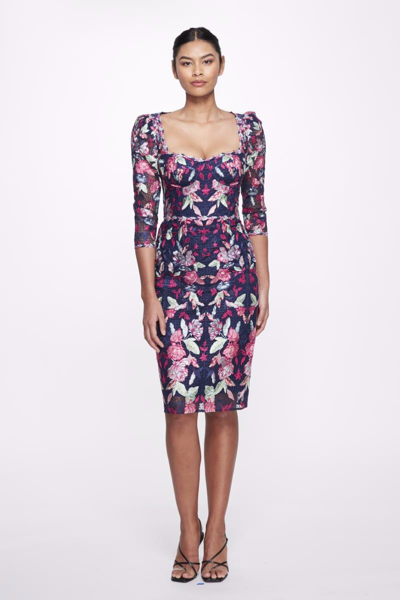 Marchesa Notte 3/4 Sleeve Fitted Dress