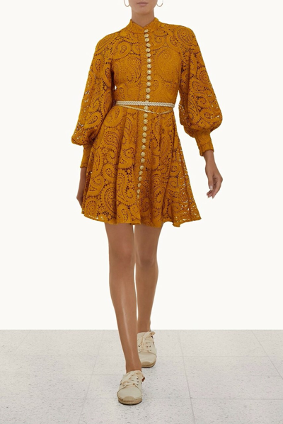 Zimmermann Anneke Belted Guipure-lace Mini Dress In Yellow