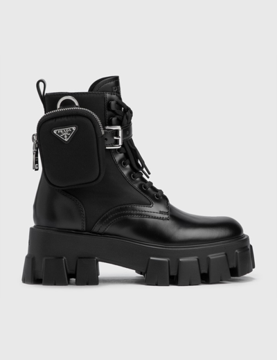 PRADA MONOLITH LEATHER AND NYLON FABRIC BOOTS