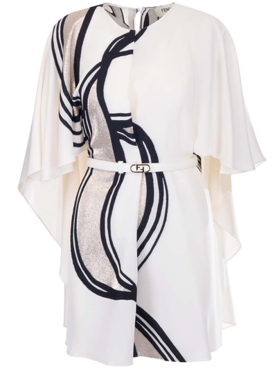 Fendi Cady Painterly Metallic Cape Dress In White