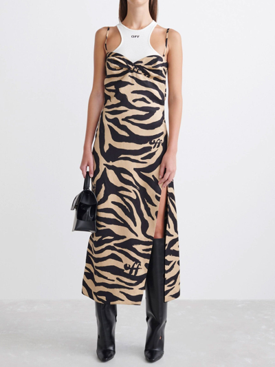 Off-white Long Beige And Black Zebra Print Dress In Default Title