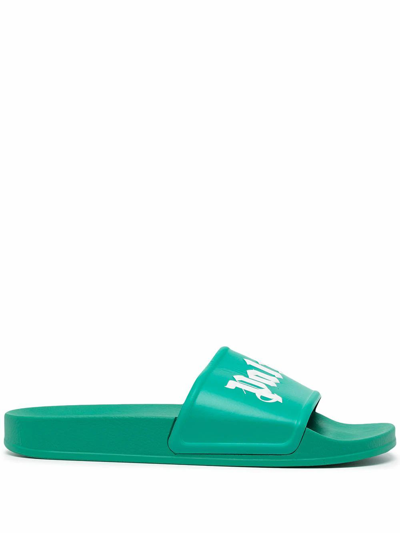 Palm Angels Logo print Slides In Green ModeSens