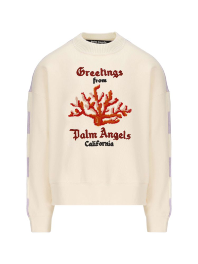 Palm Angels Printed French Cotton Terry-paneled Wool-blend Sweater In White