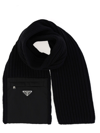 Prada Wool Scarf With Re-nylon Gabardine Pocket In Black