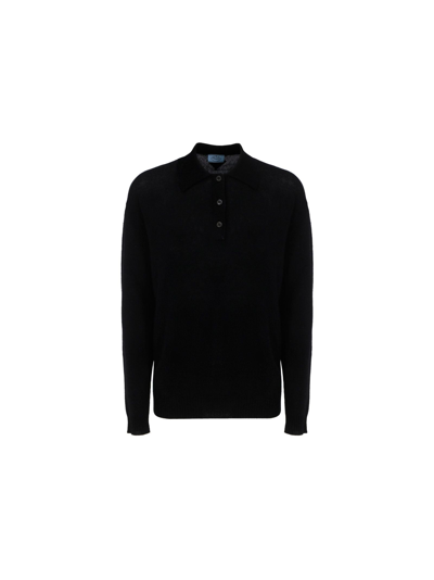 Prada Long-sleeved Knitted Polo Shirt In Black