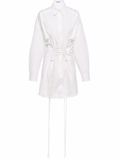 Prada Corset-waist Cotton-poplin Shirt Dress In White