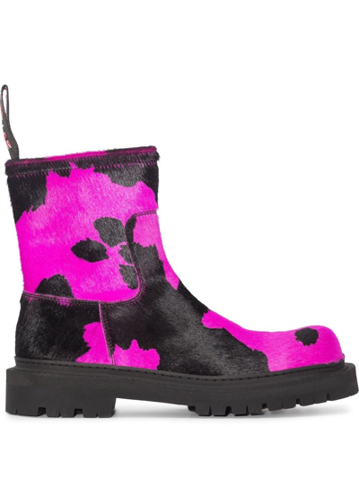 Camperlab Pink And Black Eki Cow Print Leather Ankle Boots