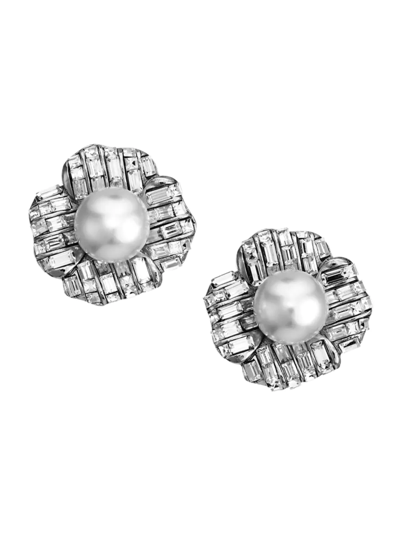 Kenneth Jay Lane Women's Silvertone, 16mm White Round Pearl & Baguette Floral Stud Clip-on Earrings
