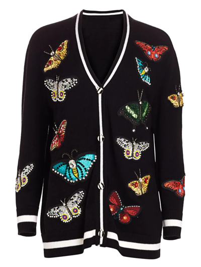 Alice And Olivia Bradford Butterfly-embroidered Wool-blend Cardigan In Black Multi
