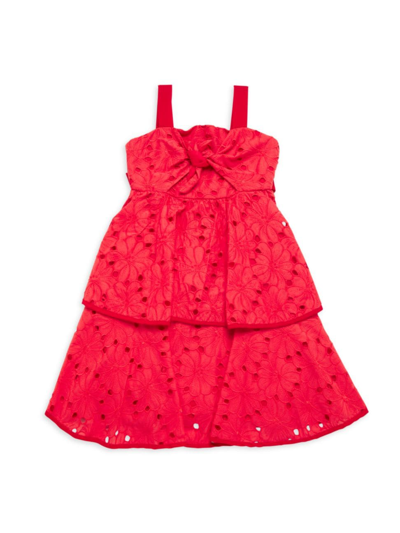 Marchesa Notte Mini Kids' Girl's Embroidered Eyelet Tiered Bow Front Dress In Red