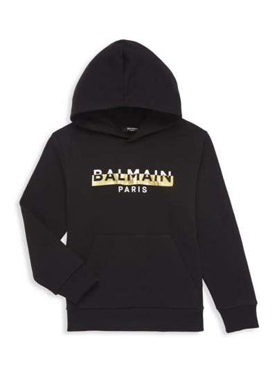 Balmain Kid's Half And Half Metallic Logo Hoodie In Black Gold