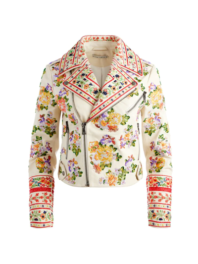 Alice And Olivia Cody Embroidered Leather Biker Jacket In Off White