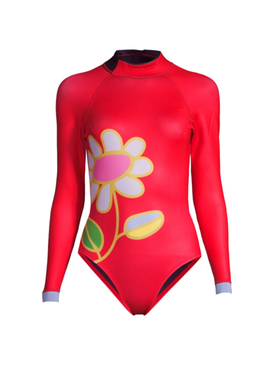 Cynthia Rowley Flower Long-sleeve Wetsuit In Red