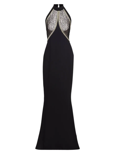 Reem Acra Sleeveless Lace Halter Neck Gown In Black