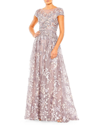 Mac Duggal Embellished Floral Cap Sleeve A Line Gown In Black