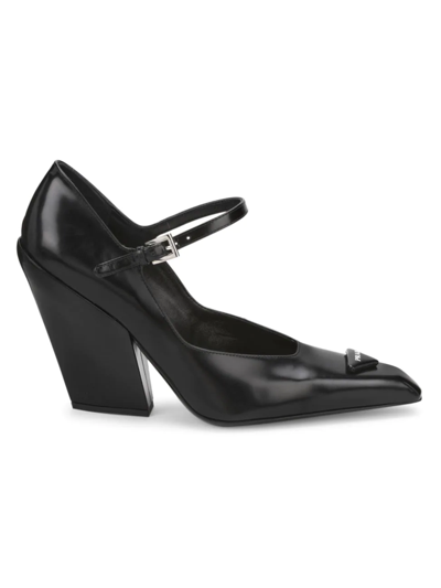 Prada Modellerie Logo-plaque Leather Mary Jane Pumps In Black