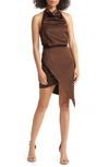 Elliatt Camo Asymmetric Satin Cocktail Dress In Chocolate