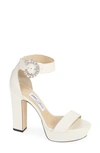 Jimmy Choo White Mionne 120 Leather Platform Sandals In Latte/ Crystal