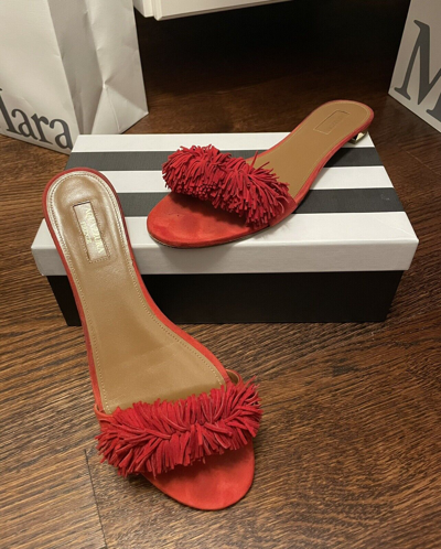 Pre owned Aquazzura Wild Thing Flat Fringe Sandals In Lipstick Size 41. In Red ModeSens