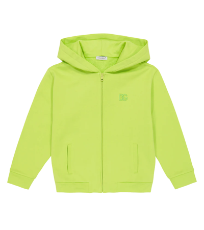 Dolce & Gabbana Kids' Logo Cotton Zipped Hoodie In Verde Chiaro Fluo