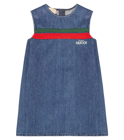 Gucci Kids' Logo-embroidered Denim Mini Dress 4-12 Years In Blue