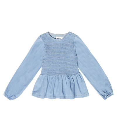 Molo Kids' Rivi Smocked Denim Top In Washed Chambrey