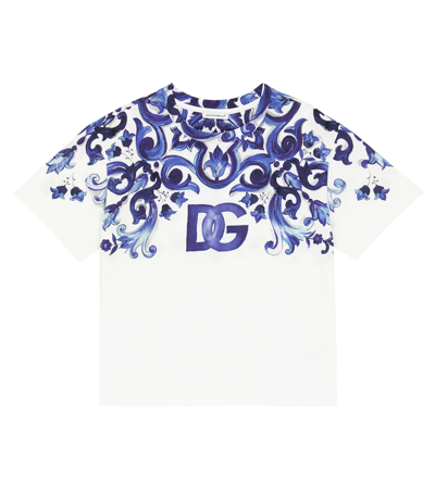 Dolce & Gabbana Kids' Logo印花棉质平纹针织t恤 In White,navy