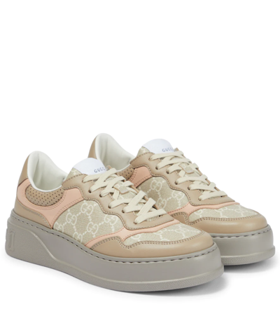 Gucci Multicolor Gg Supreme Fabric And Leather Sneakers In Oat Beige And Light Rose
