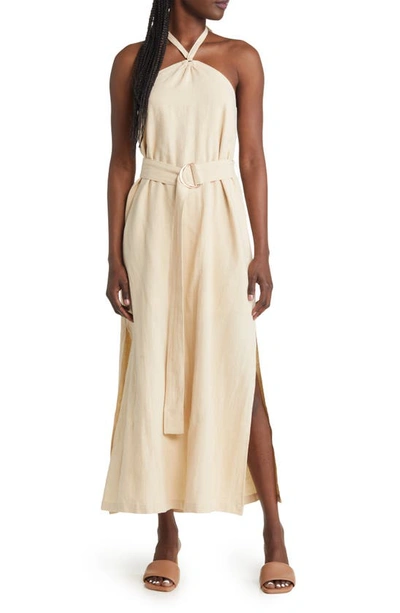 Lost + Wander On Holiday Belted Cotton & Linen Halter Dress In Butter