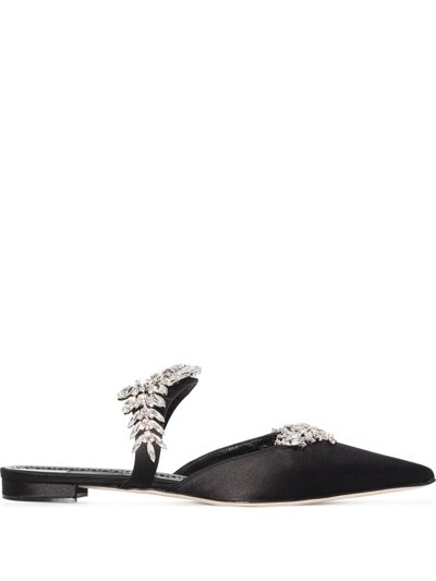 Manolo Blahnik Lurumflat Crystal-embellished Satin Mules In Black