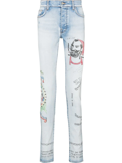 Amiri X Zig Zag Motif-print Skinny Jeans In Blue
