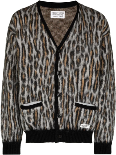 Wacko Maria Leopard Intarsia Knitted Cardigan In Grey