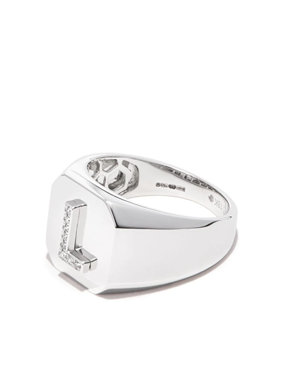 Shay 18k White Gold L Initial Diamond Signet Ring In Silver