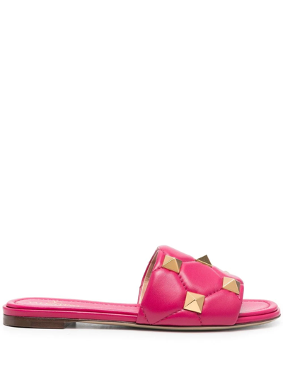 Valentino Roman Stud Flat Slide Sandals In Rosa