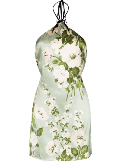 Reformation Poppie Floral-print Halterneck Mini Dress In Tarragon
