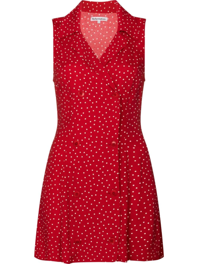 Reformation Leith Polka-dot Print Double-breasted Mini Dress In Ditty