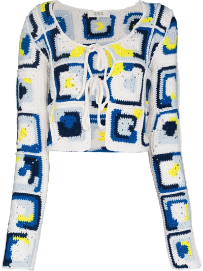 Sea Neutral Hayden Tie-front Wool Crochet Cardigan In Blue