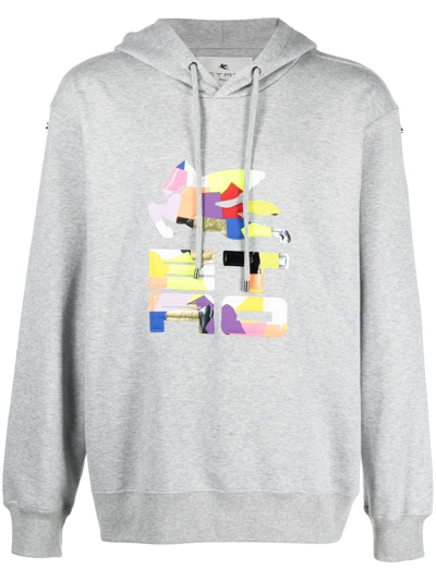 スウェット・トレーナー ETRO COTTON HOODIE WITH PATCHWORK LOGO PRINT Etro Patchwork Logo-print Rib-trimmed Hoodie In Grey | ModeSens