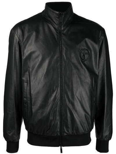 Giorgio Armani Embossed-logo Leather Jacket In Black