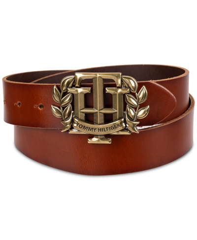 Tommy Hilfiger Men's Iconic Monogram Crest Plaque Buckle Leather Belt In Tan