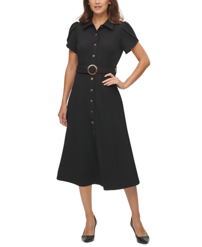 Calvin Klein Puff-sleeve Belted Midi Dress In Black